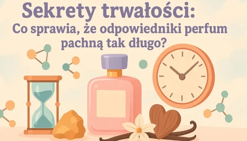 Klepsydra, zegar, butelka perfum i składniki zapachowe na tle chmur.
